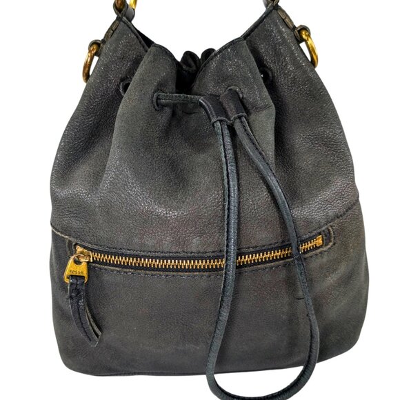 Fossil Vickery Black Leather Drawstring Bucket Shoulder Bag Boho Purse - Picture 2 of 9